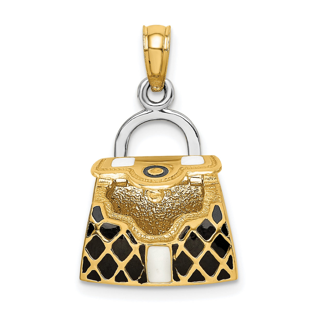 14k Multi-Tone Gold Handbag Pendant with Black and White Enamel, Quilted Purse Charm Design
