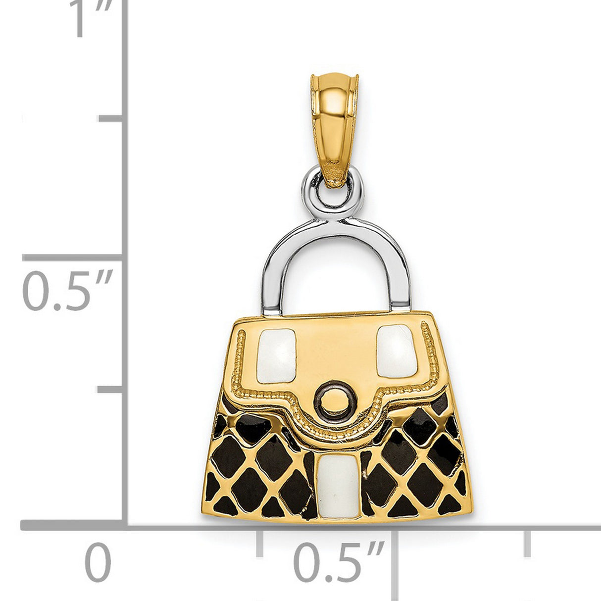 14k Multi-Tone Gold Handbag Pendant with Black and White Enamel, Quilted Purse Charm Design