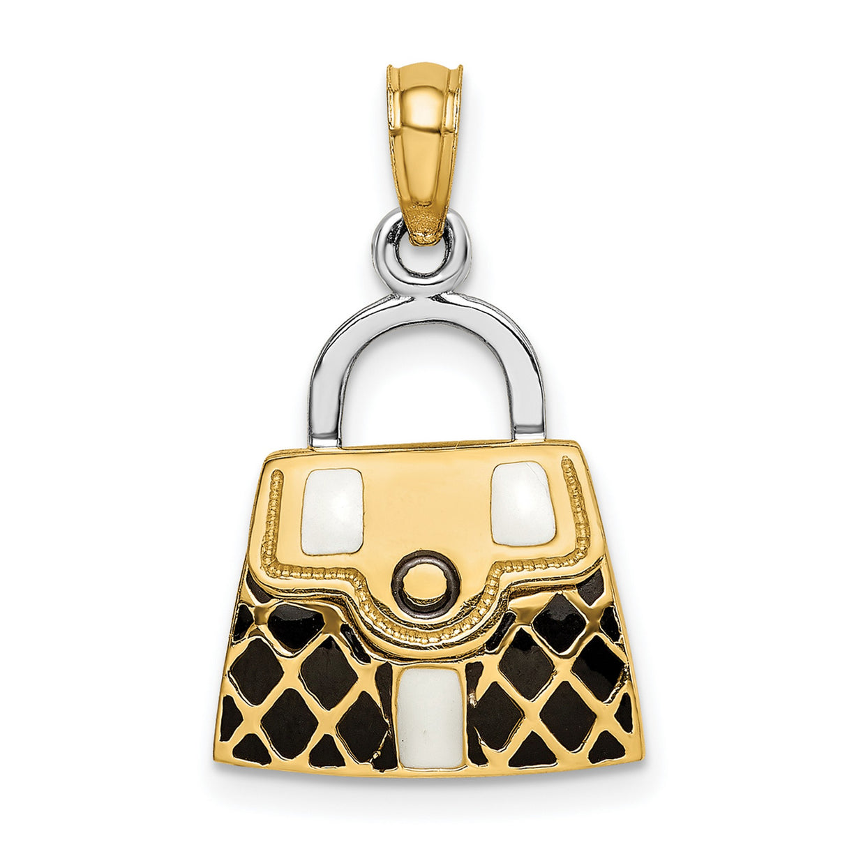 14k Multi-Tone Gold Handbag Pendant with Black and White Enamel, Quilted Purse Charm Design