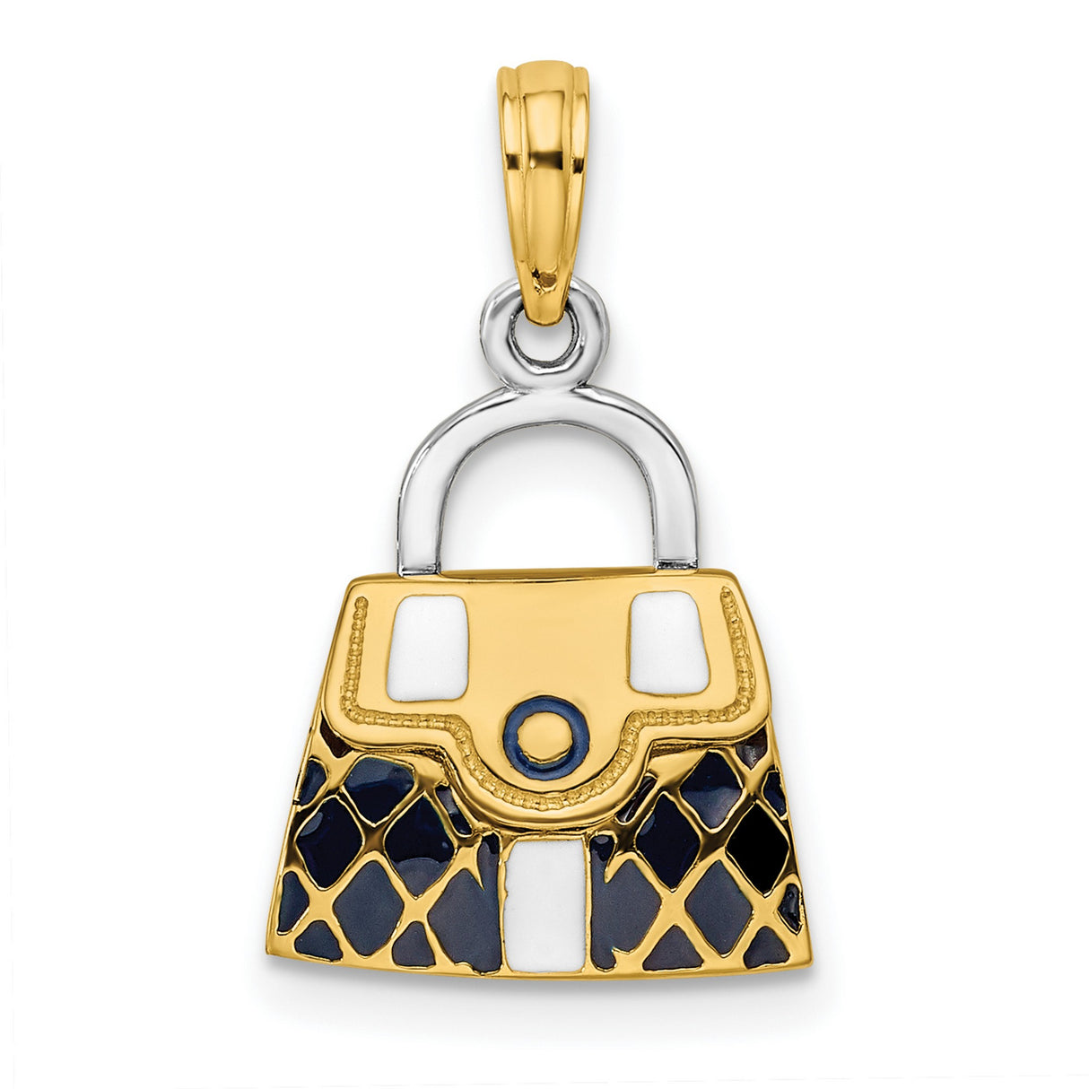 14k Multi-Tone Gold Handbag Charm Pendant with Black and White Enamel Quilted Design