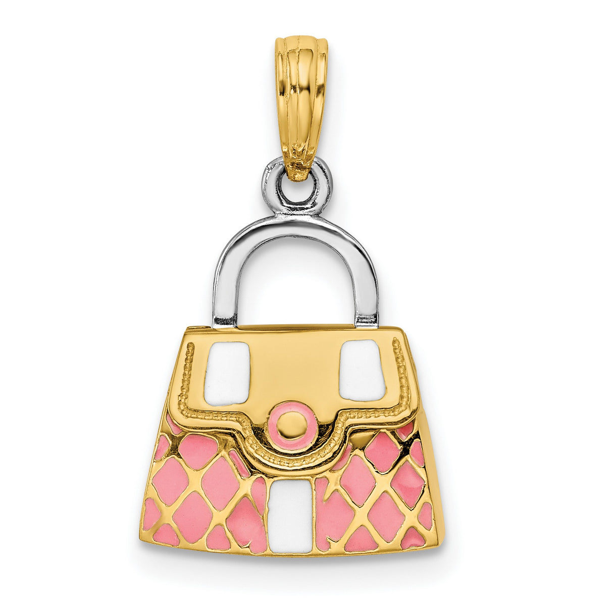 14k Multi-Tone Gold Purse Pendant Charm with Pink and White Enamel Quilted Handbag Design