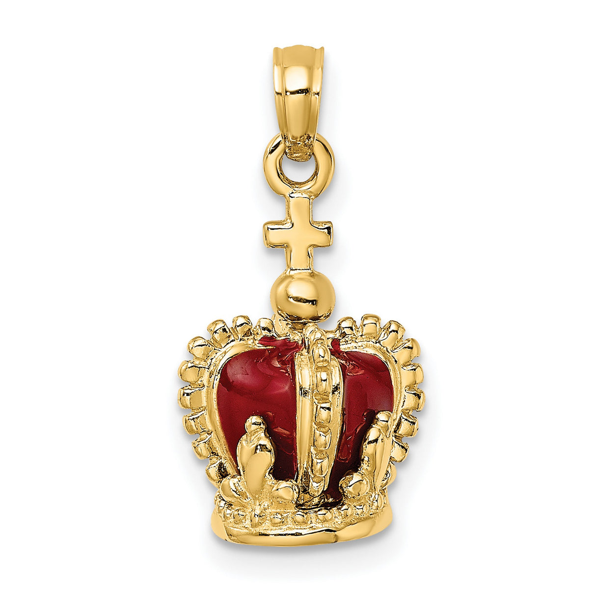14k Yellow Gold Crown Pendant with Red Enamel and Cross Top, Christian Symbol