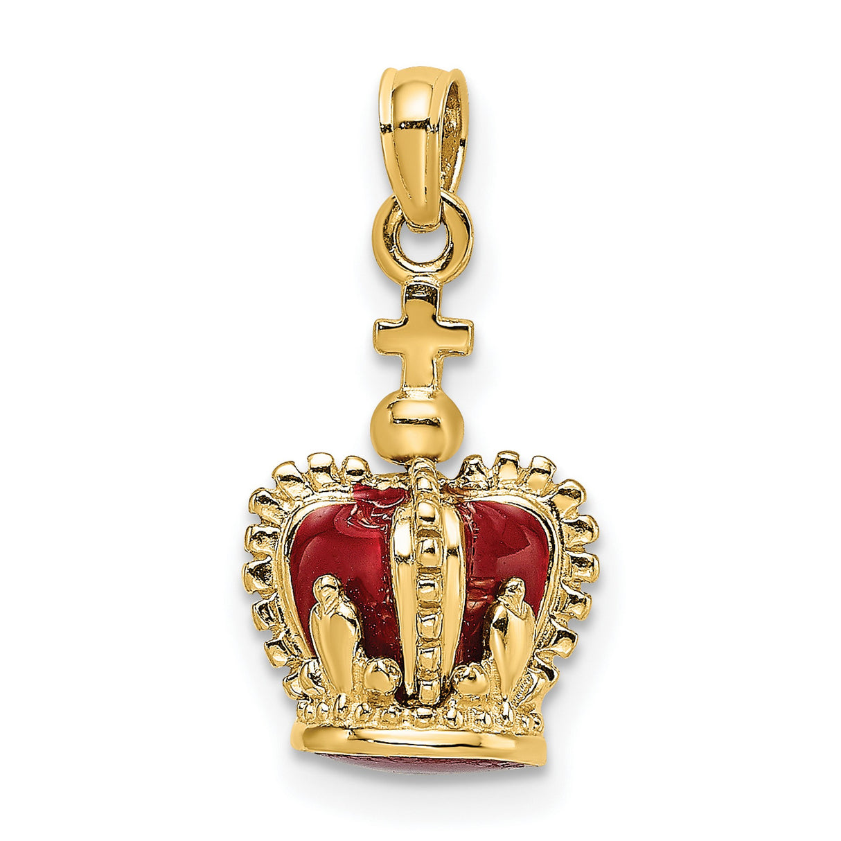 14k Yellow Gold Crown Pendant with Red Enamel and Cross Top, Christian Symbol