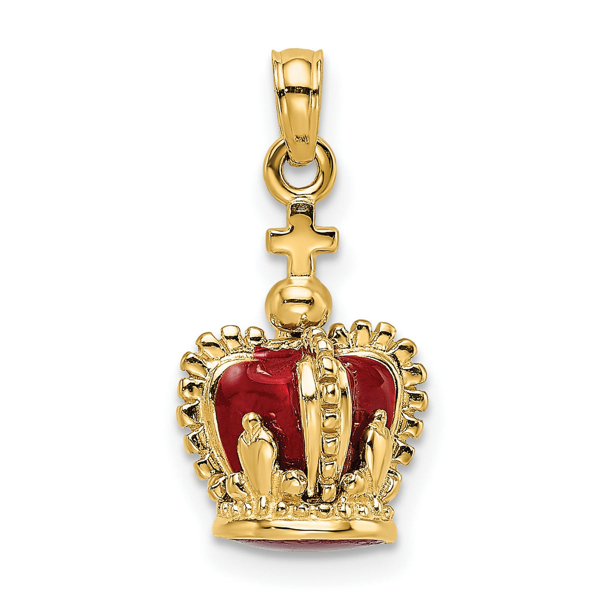 14k Yellow Gold Crown Pendant with Red Enamel and Cross Top, Christian Symbol