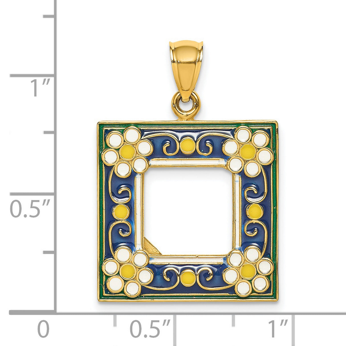 14k Yellow Gold Square Pendant with Enamel Floral Design and Scrollwork