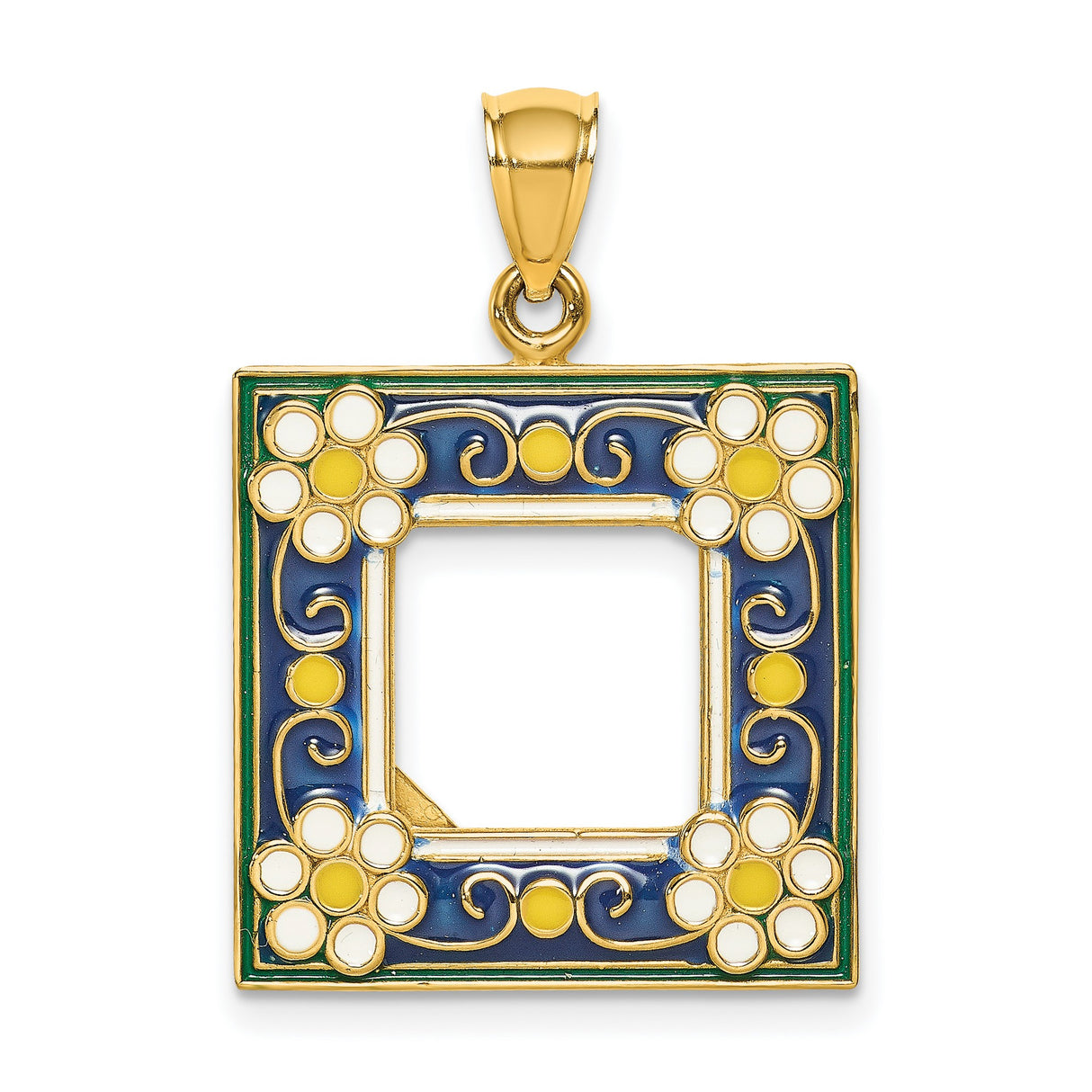 14k Yellow Gold Square Pendant with Enamel Floral Design and Scrollwork