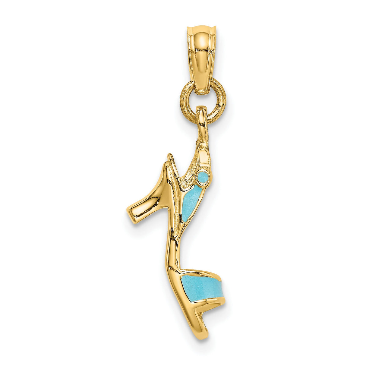 14k Yellow Gold High Heel Shoe Pendant with Light Blue Enamel, Feminine Fashion Charm