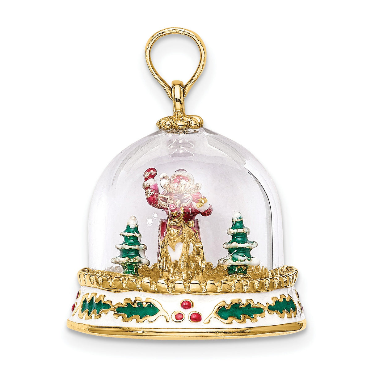 14k Yellow Gold Christmas Sleigh Pendant with Santa and Reindeer in Glass Dome