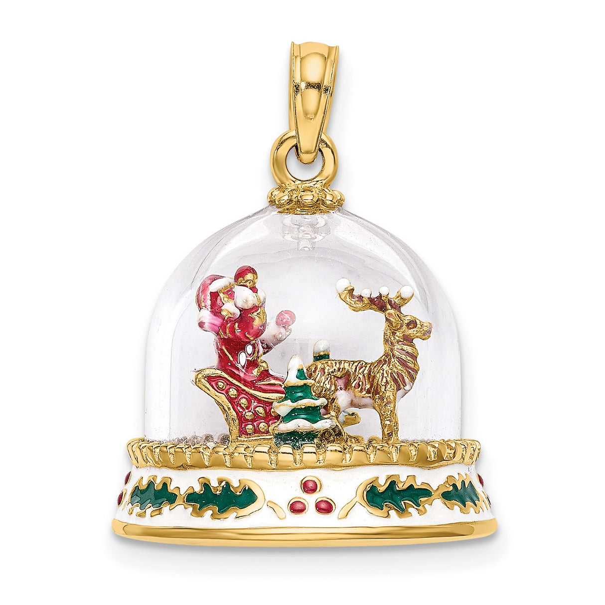 14k Yellow Gold Christmas Sleigh Pendant with Santa and Reindeer in Glass Dome