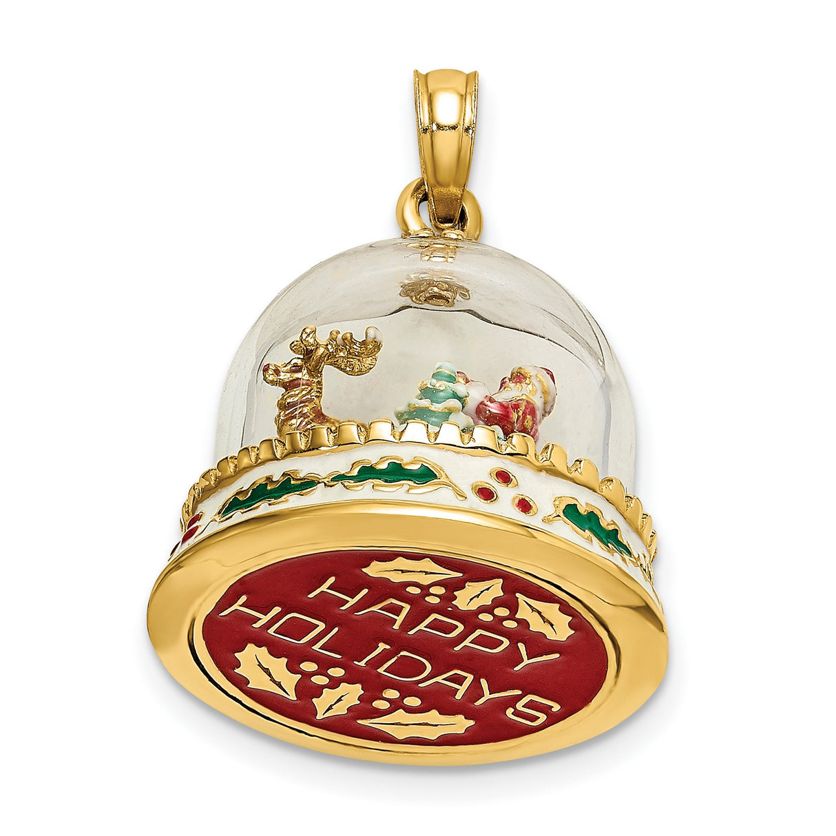 14k Yellow Gold Christmas Sleigh Pendant with Santa and Reindeer in Glass Dome