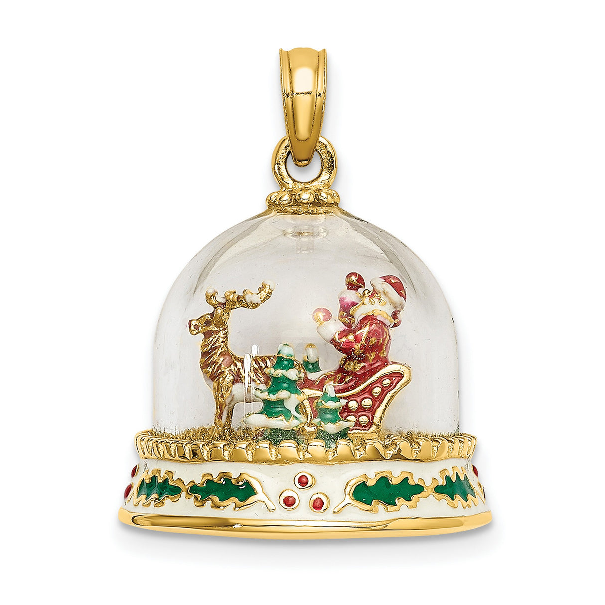 14k Yellow Gold Christmas Sleigh Pendant with Santa and Reindeer in Glass Dome