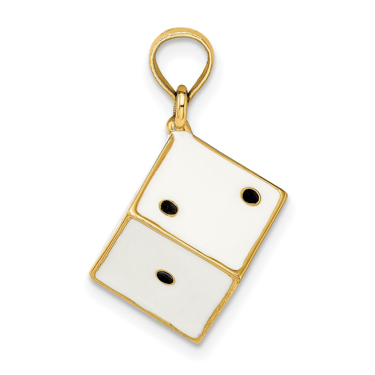 14k Yellow Gold Dice Pendant with White Enamel and Black Dot Detailing, Gaming-Inspired Charm