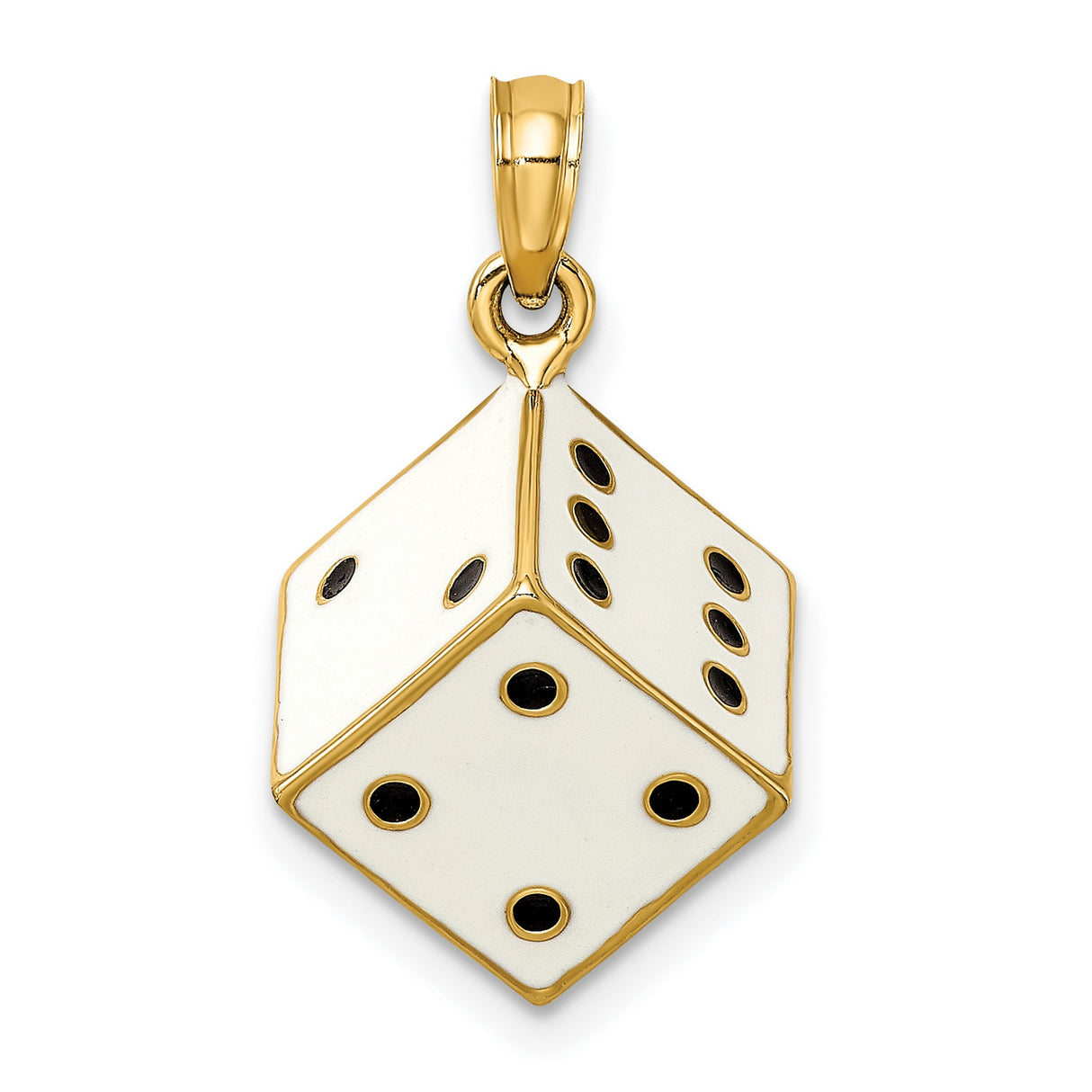 14k Yellow Gold Dice Pendant with White Enamel and Black Dot Detailing, Gaming-Inspired Charm
