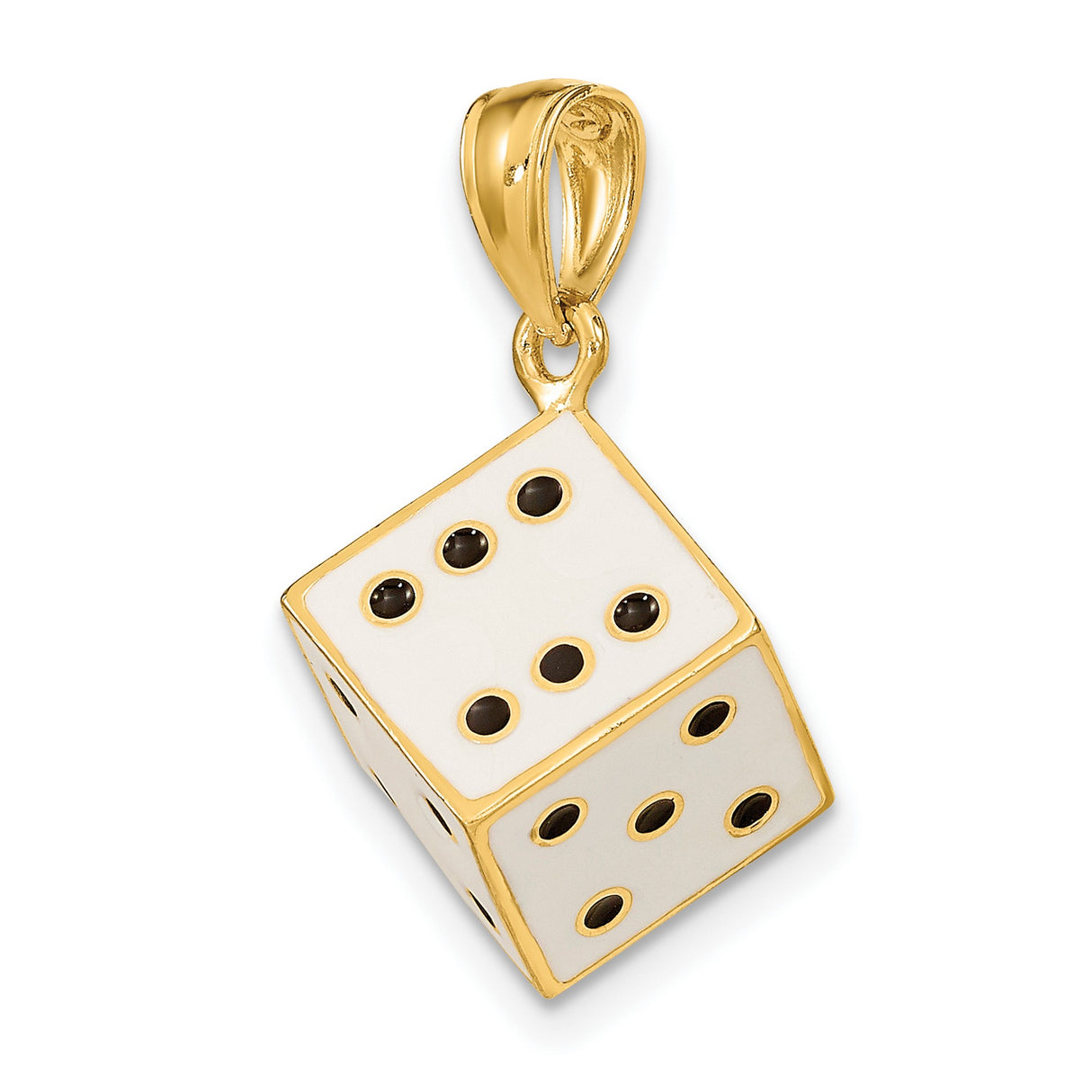 14k Yellow Gold Dice Pendant with White Enamel and Black Dot Detailing, Gaming-Inspired Charm