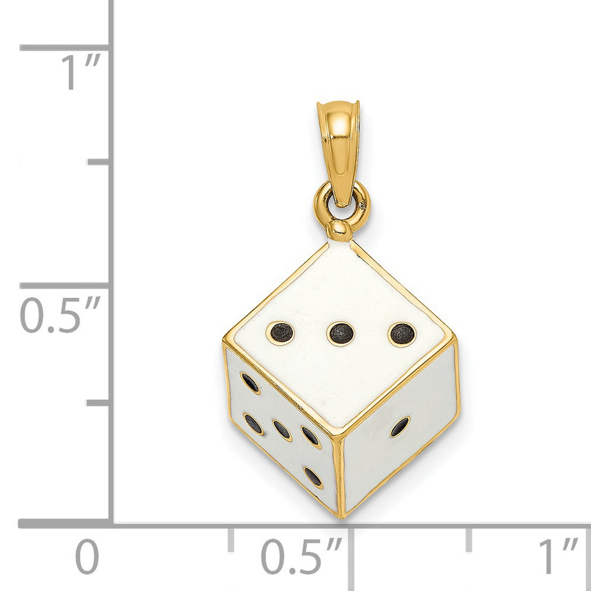14k Yellow Gold Dice Pendant with White Enamel and Black Dot Detailing, Gaming-Inspired Charm