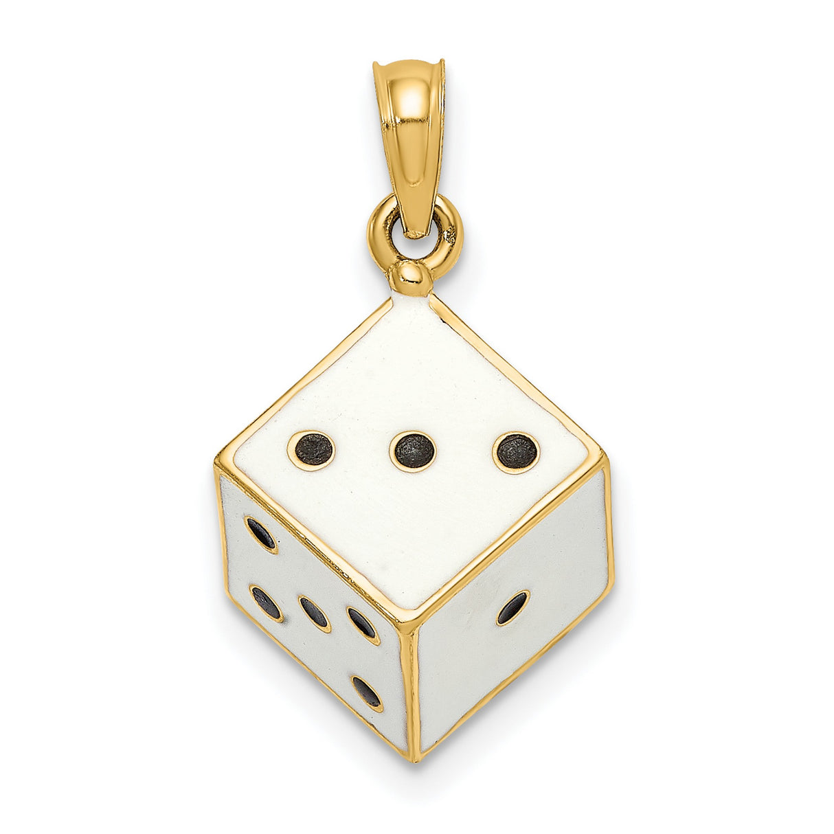 14k Yellow Gold Dice Pendant with White Enamel and Black Dot Detailing, Gaming-Inspired Charm