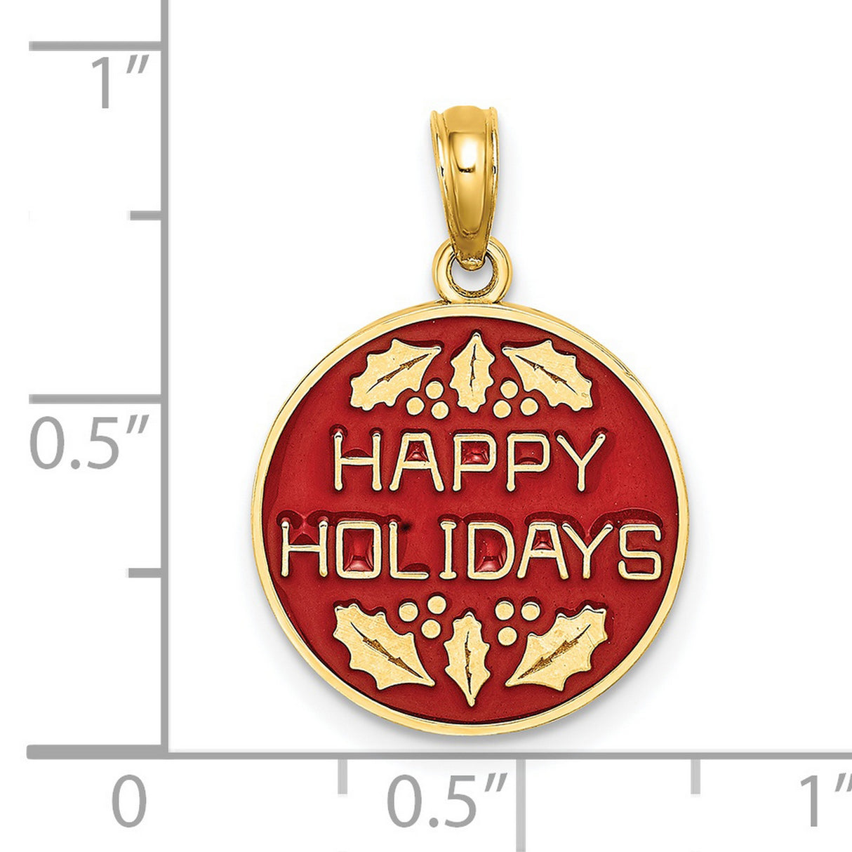 14k Yellow Gold Holiday Pendant with Happy Holidays Message and Holly Leaf Accents