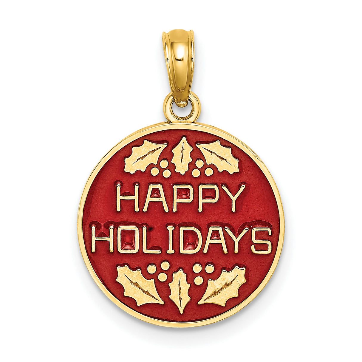 14k Yellow Gold Holiday Pendant with Happy Holidays Message and Holly Leaf Accents