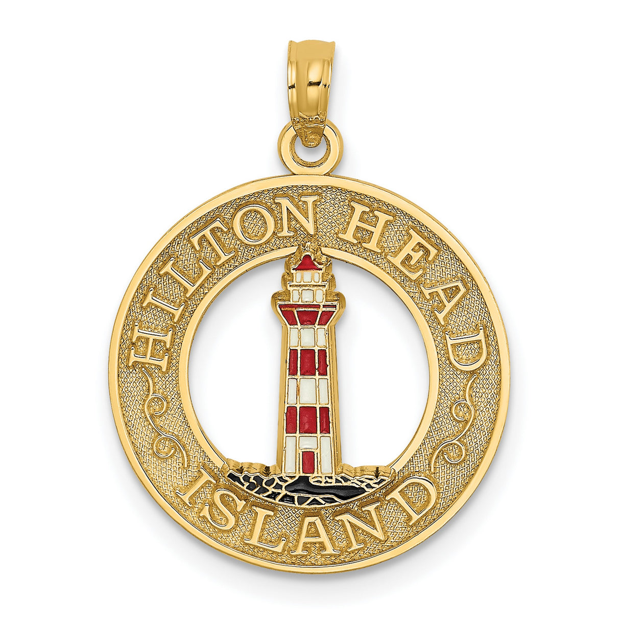 14k Yellow Gold Hilton Head Island Pendant with Red and White Lighthouse Design