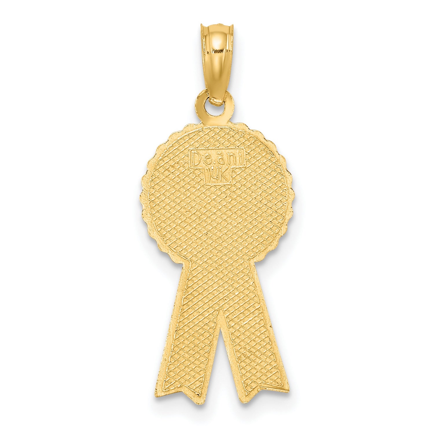 14k Yellow Gold Mom Pendant with Pink and White Enamel, Heart Accents, Award Ribbon Design