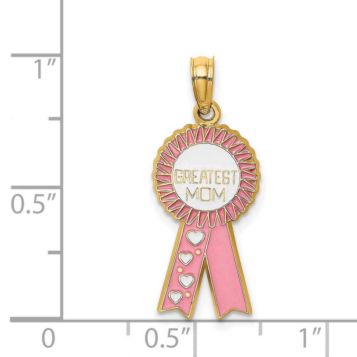 14k Yellow Gold Mom Pendant with Pink and White Enamel, Heart Accents, Award Ribbon Design