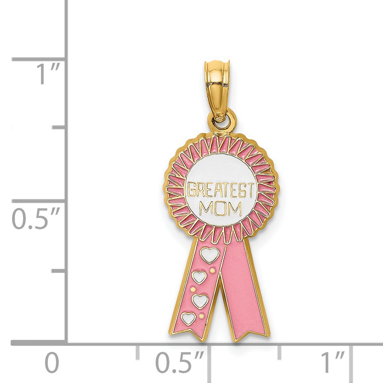 14k Yellow Gold Mom Pendant with Pink and White Enamel, Heart Accents, Award Ribbon Design
