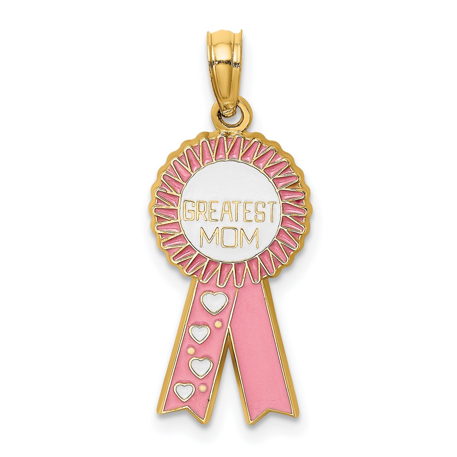 14k Yellow Gold Mom Pendant with Pink and White Enamel, Heart Accents, Award Ribbon Design