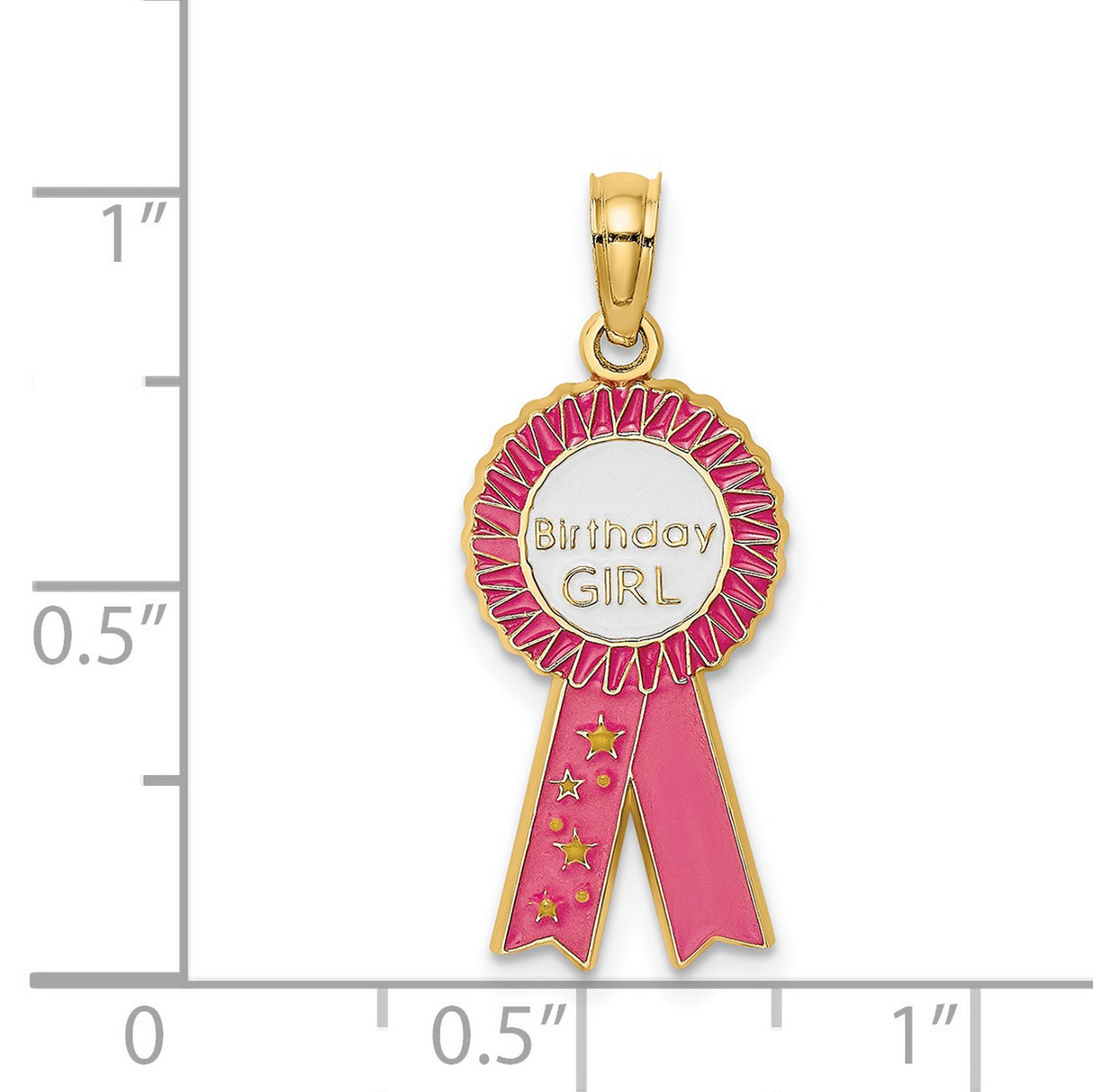 14k Yellow Gold Pendant, Pink and White Ribbon with Star Accents, Birthday Girl Charm