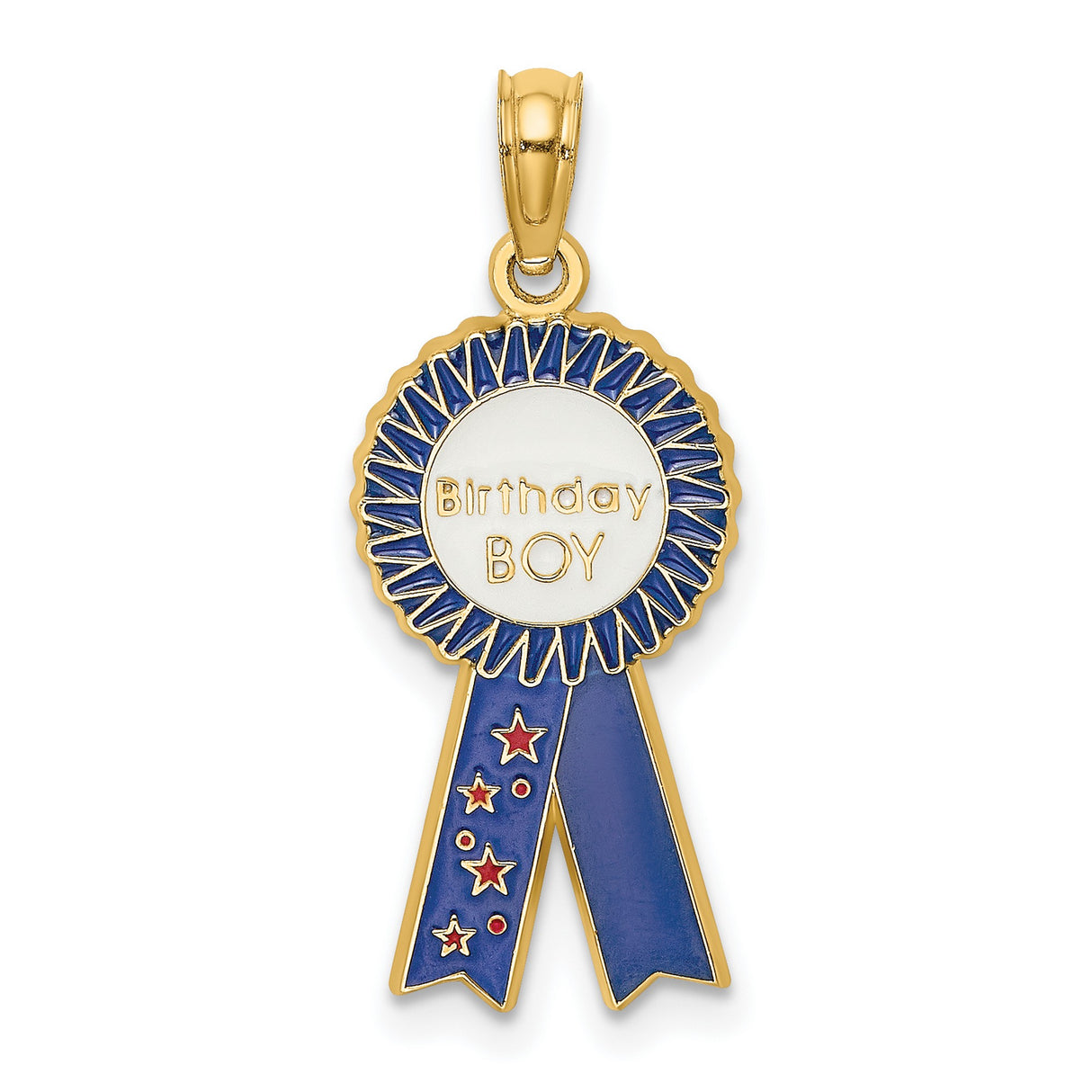 14k Yellow Gold Birthday Boy Pendant with Blue Ribbon and Star Accents