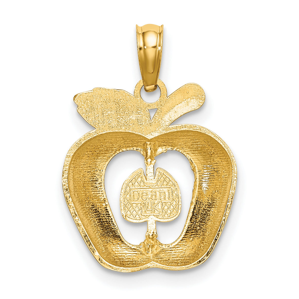14k Yellow Gold Apple Pendant with Red Green Black Enamel, Cutout Seed Design, Teacher Charm
