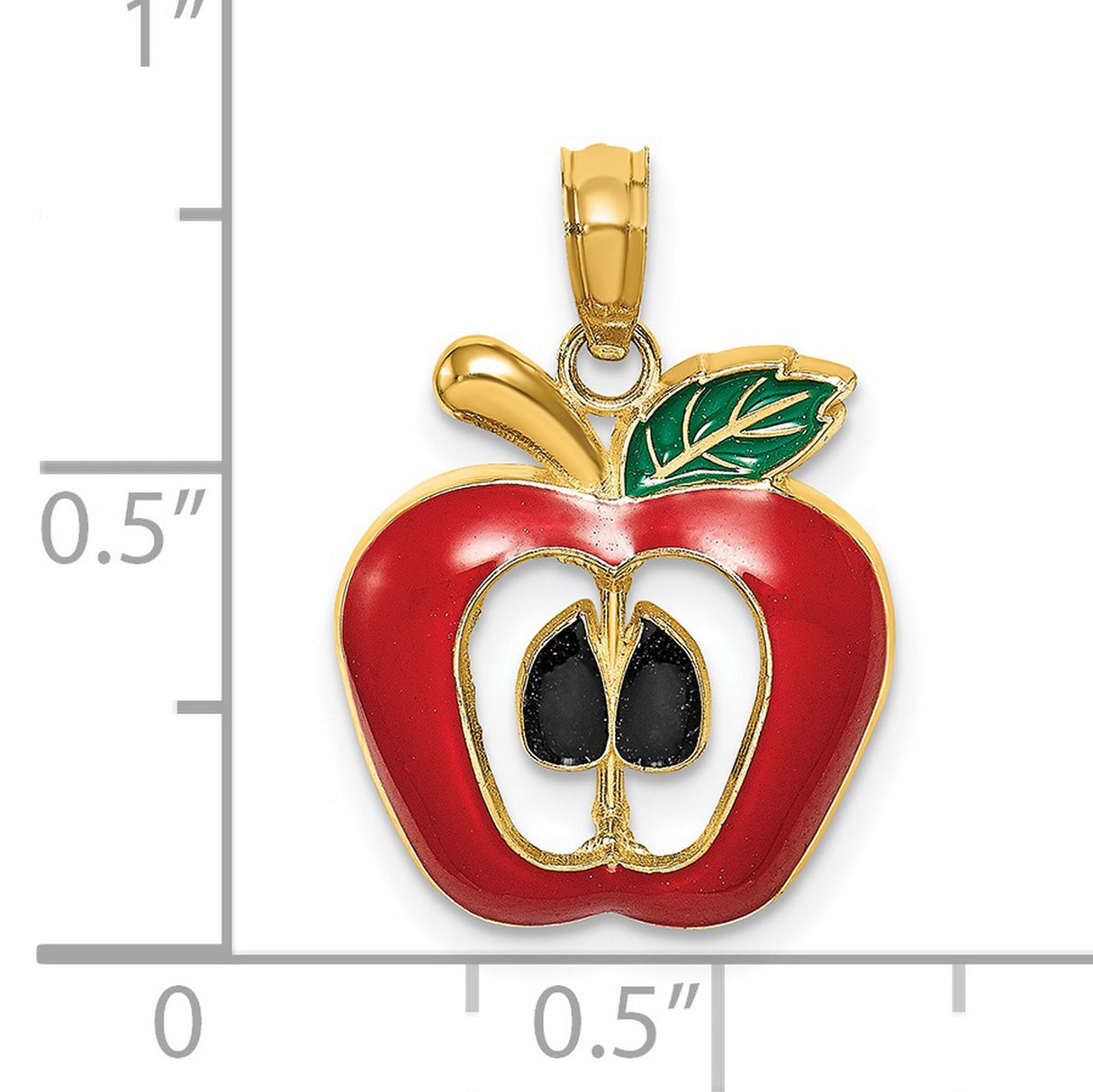 14k Yellow Gold Apple Pendant with Red Green Black Enamel, Cutout Seed Design, Teacher Charm