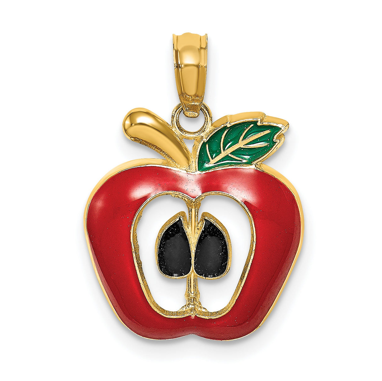 14k Yellow Gold Apple Pendant with Red Green Black Enamel, Cutout Seed Design, Teacher Charm