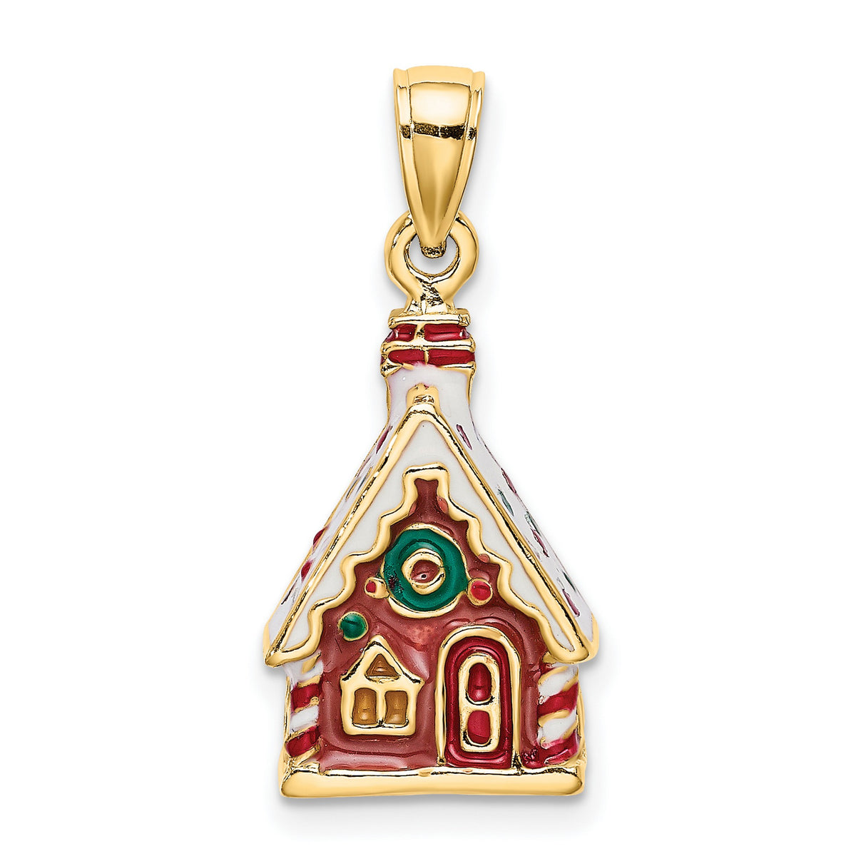 14k Yellow Gold Christmas House Pendant with Enamel, Gingerbread Holiday Design