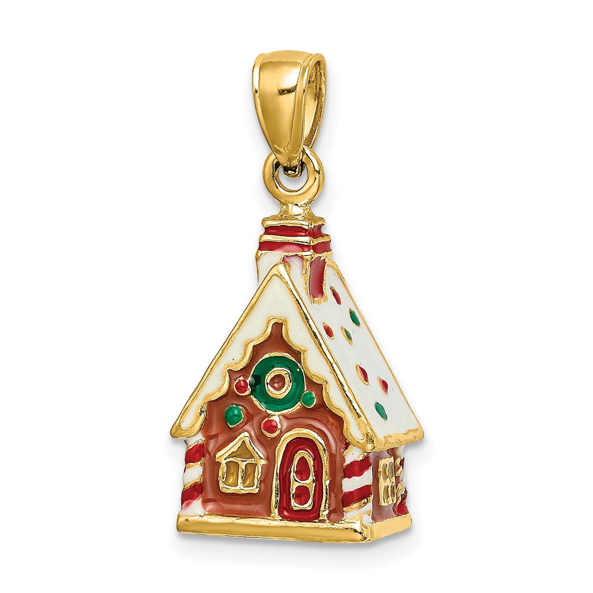 14k Yellow Gold Christmas House Pendant with Enamel, Gingerbread Holiday Design