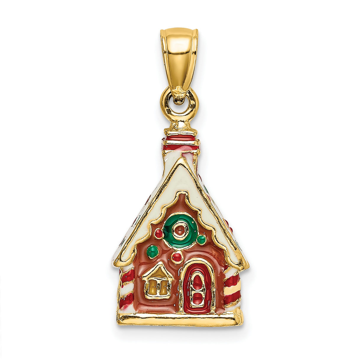 14k Yellow Gold Christmas House Pendant with Enamel, Gingerbread Holiday Design
