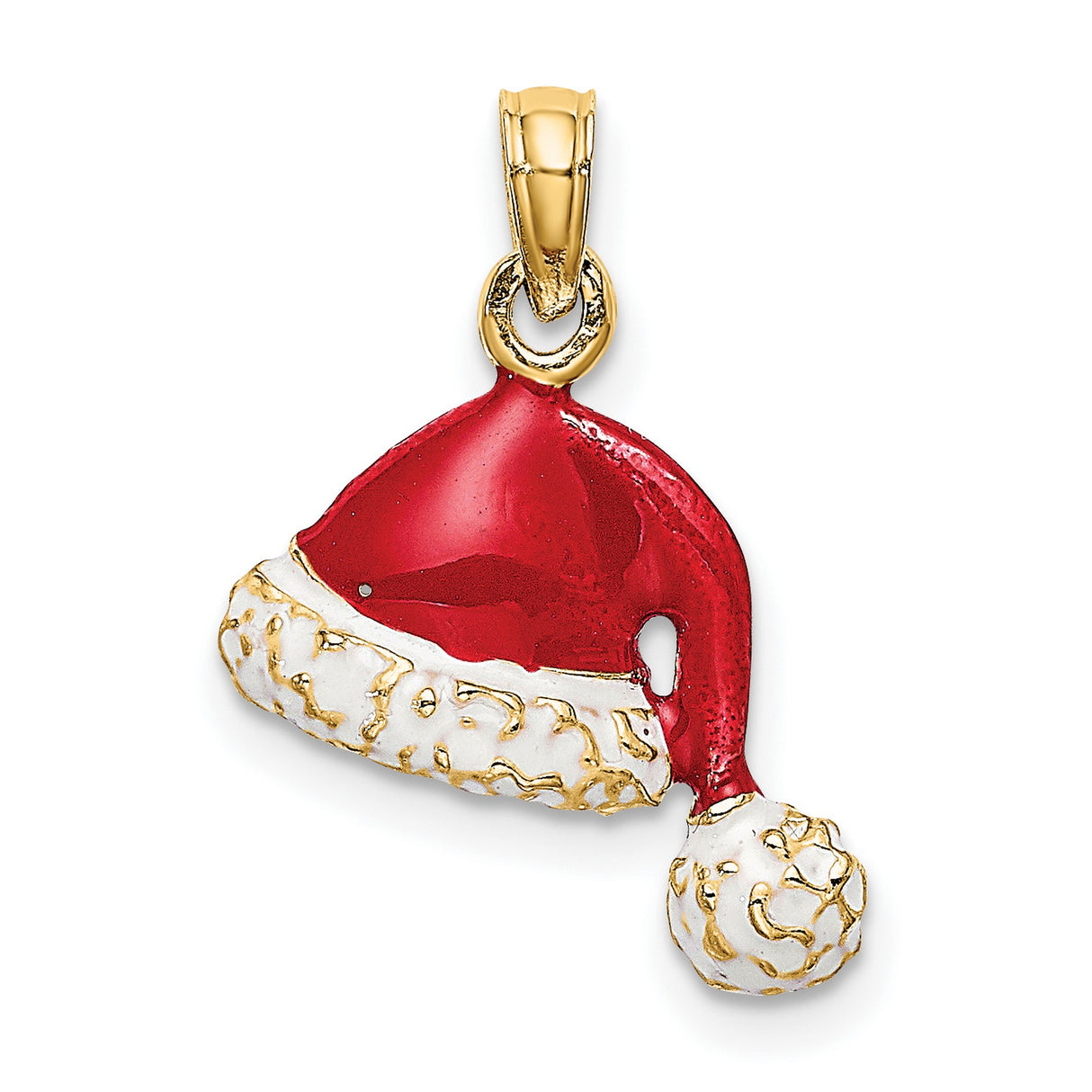 14k Yellow Gold Santa Hat Pendant with Red and White Enamel, Holiday Charm