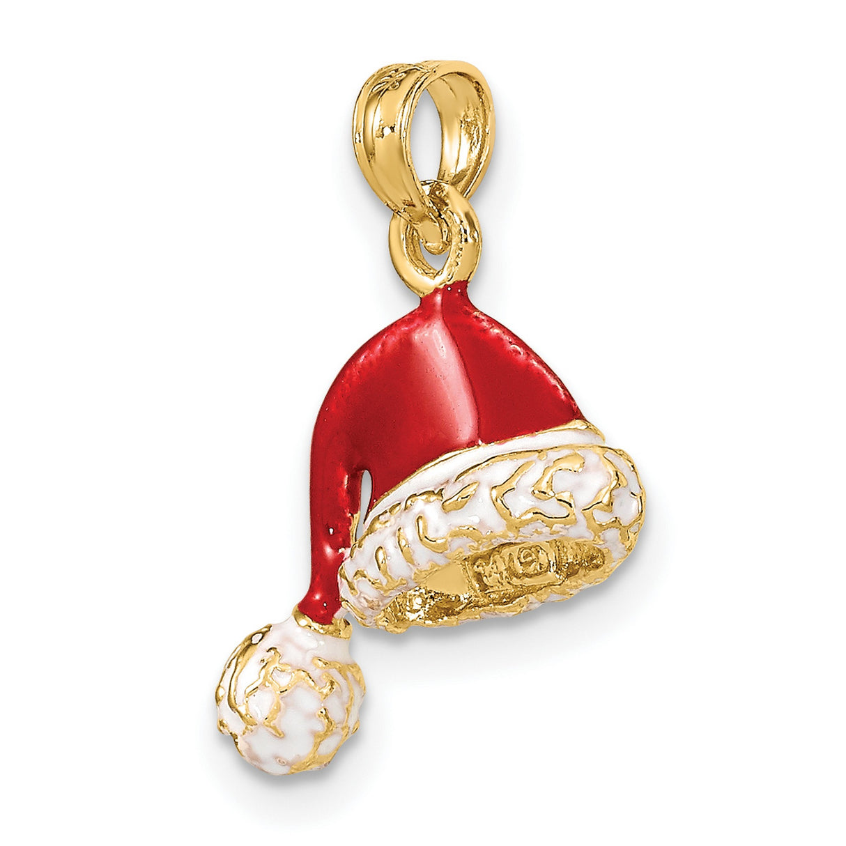 14k Yellow Gold Santa Hat Pendant with Red and White Enamel, Holiday Charm