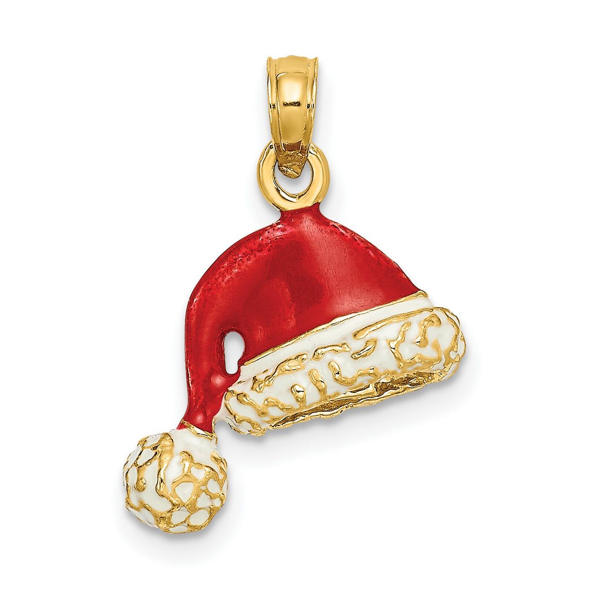 14k Yellow Gold Santa Hat Pendant with Red and White Enamel, Holiday Charm