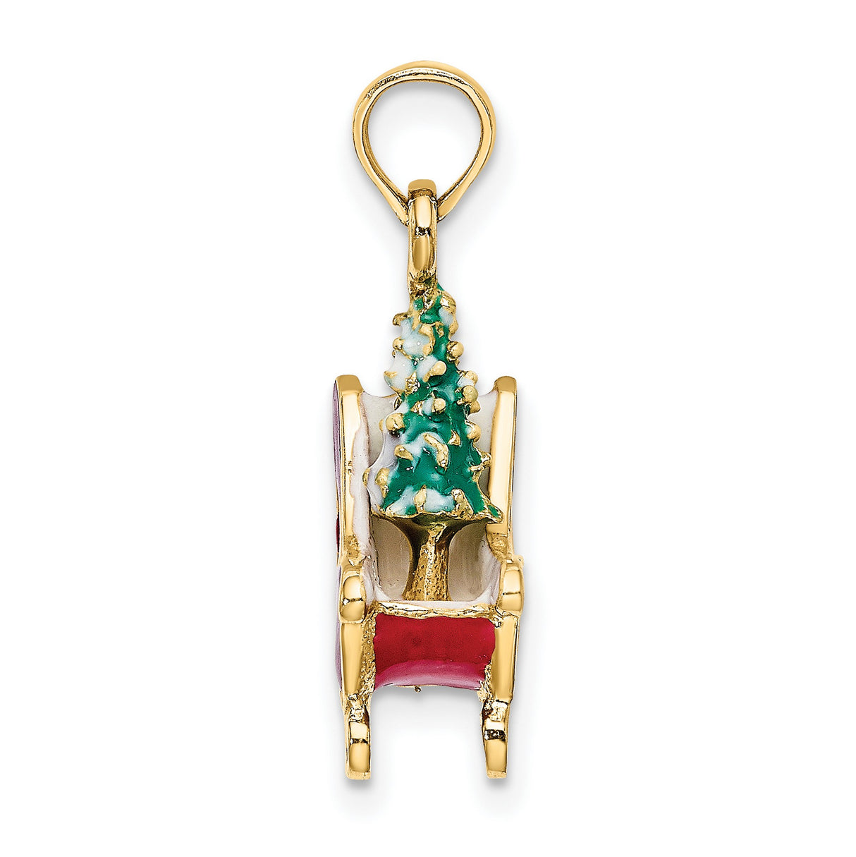 14k Yellow Gold Christmas Sleigh Pendant with Red and Green Enamel Holiday Design