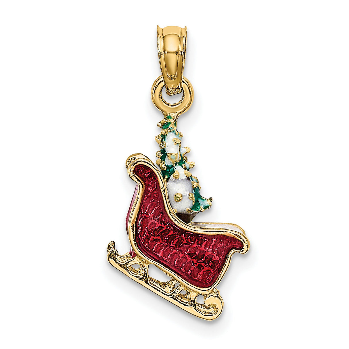 14k Yellow Gold Christmas Sleigh Pendant with Red and Green Enamel Holiday Design