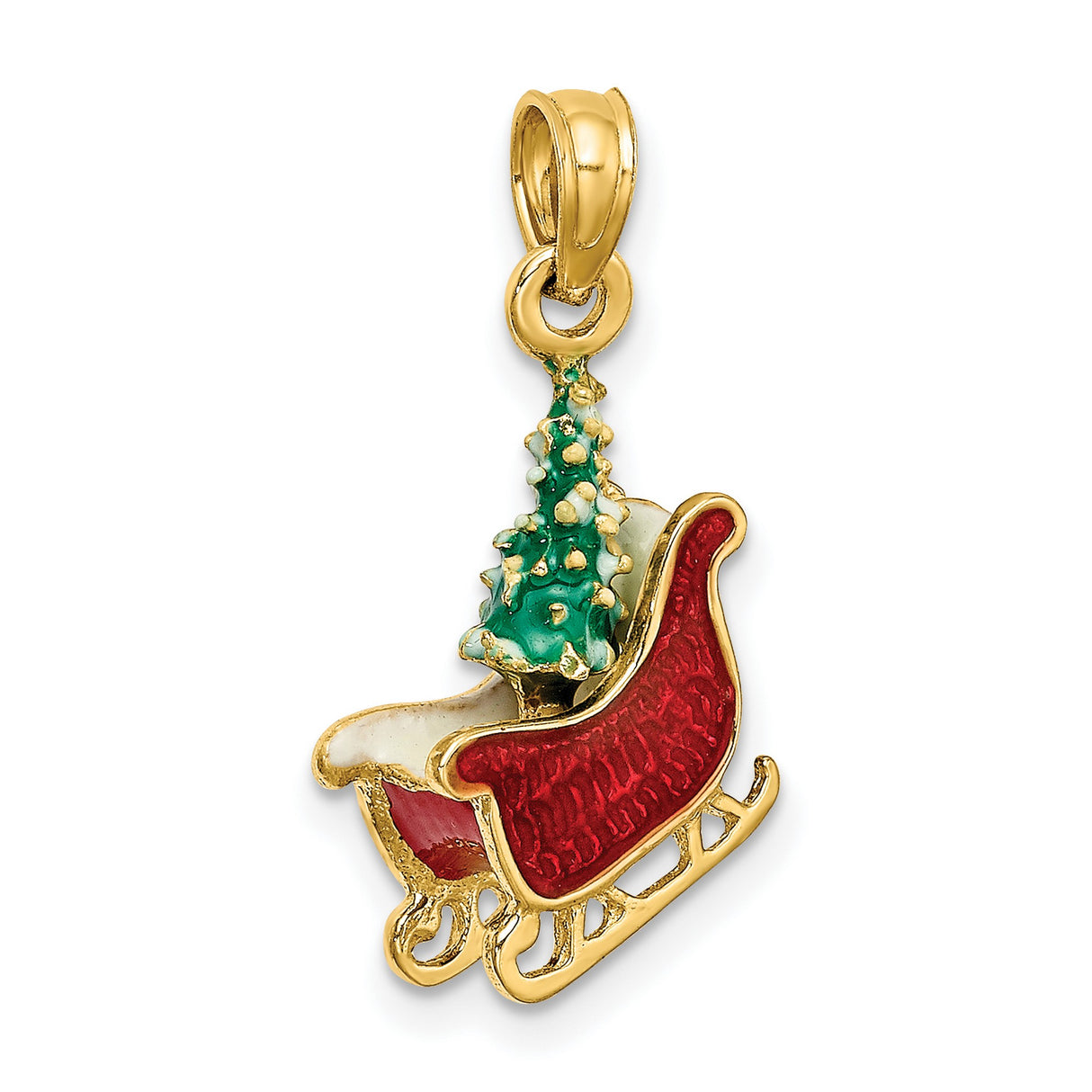 14k Yellow Gold Christmas Sleigh Pendant with Red and Green Enamel Holiday Design