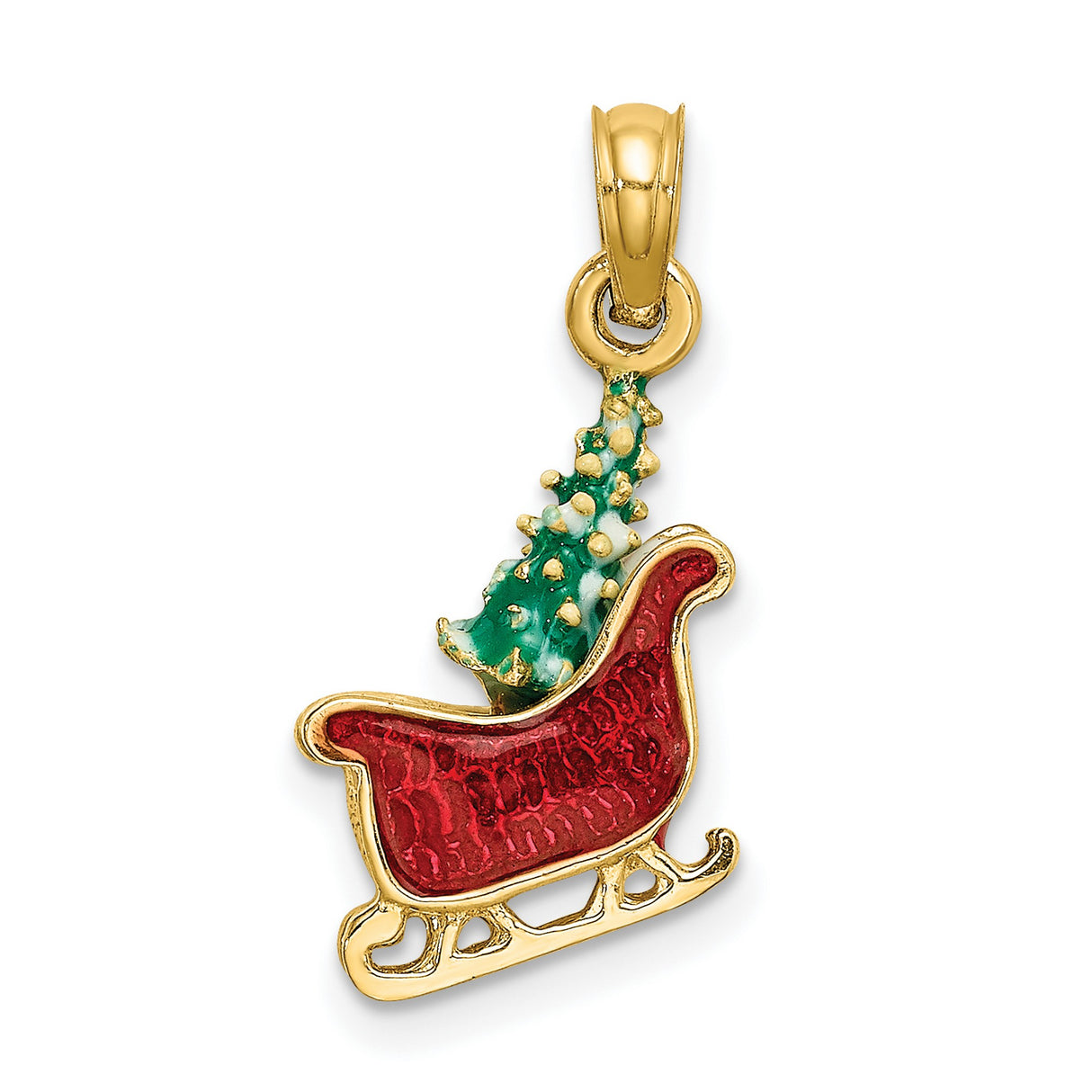 14k Yellow Gold Christmas Sleigh Pendant with Red and Green Enamel Holiday Design