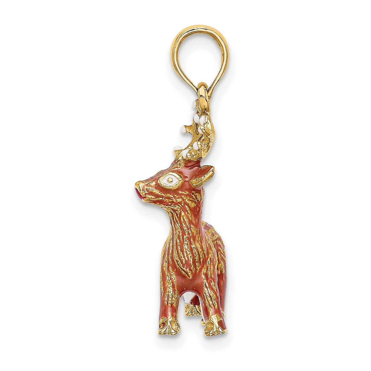 14k Yellow Gold Reindeer Pendant with Red Nose, Enamel Holiday Design, Christmas Theme