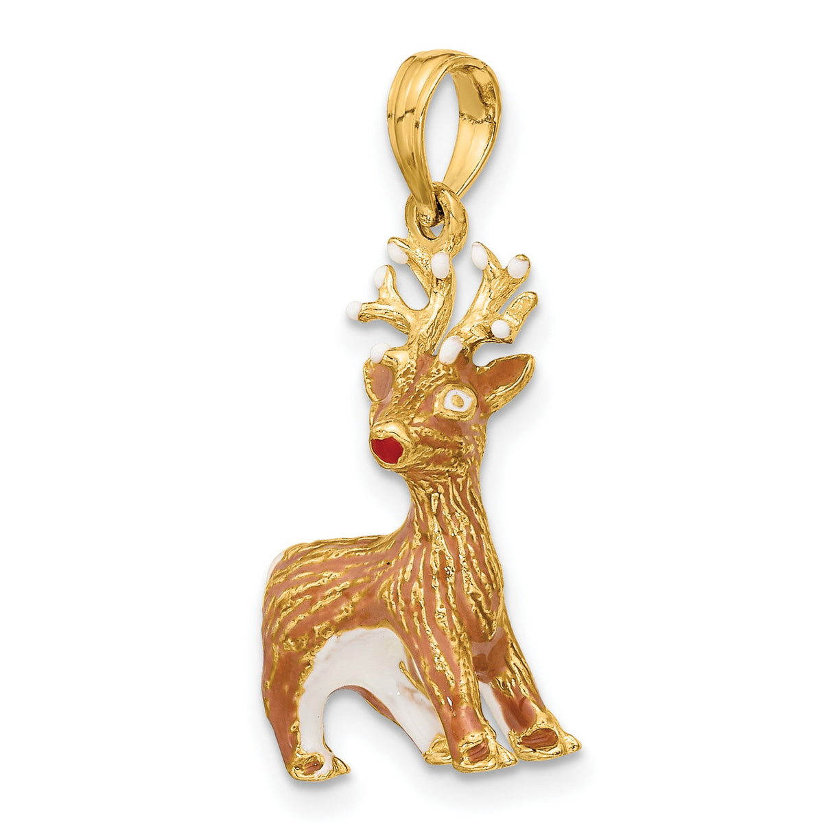 14k Yellow Gold Reindeer Pendant with Red Nose, Enamel Holiday Design, Christmas Theme