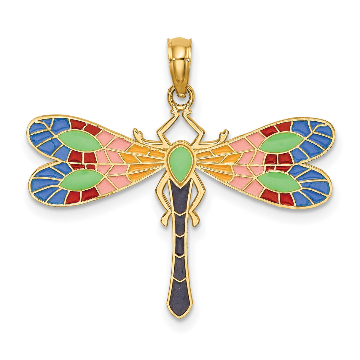 14k Yellow Gold Dragonfly Pendant with Multicolor Enamel Wings, Nature-Inspired Whimsical Charm
