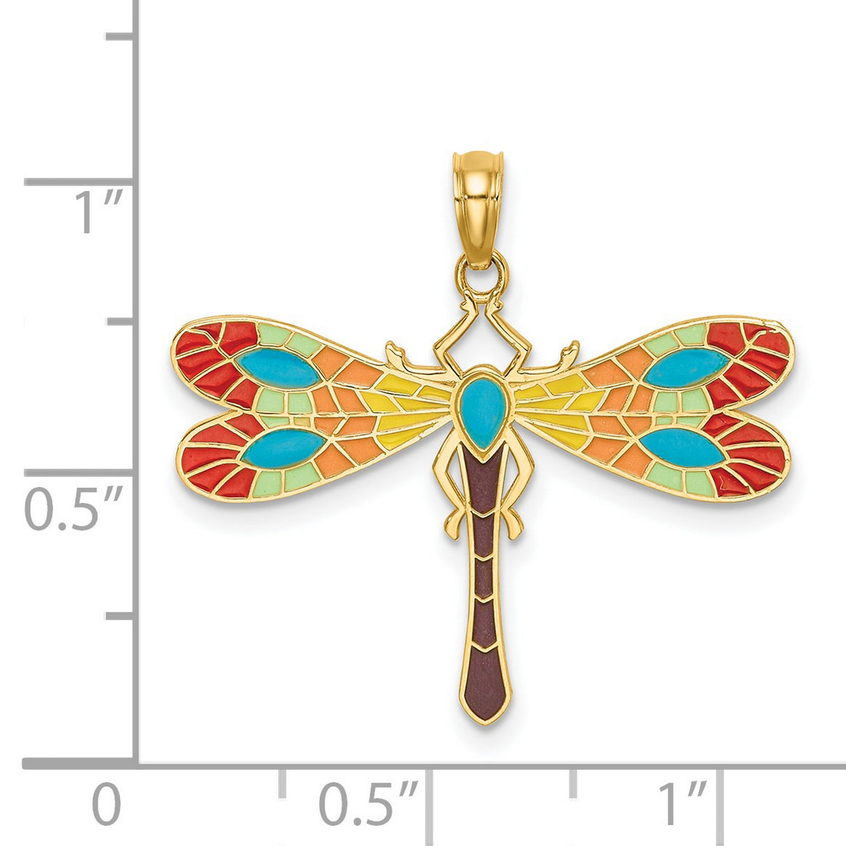 14k Yellow Gold Dragonfly Pendant with Multicolor Enamel, Nature-Inspired Boho Jewelry