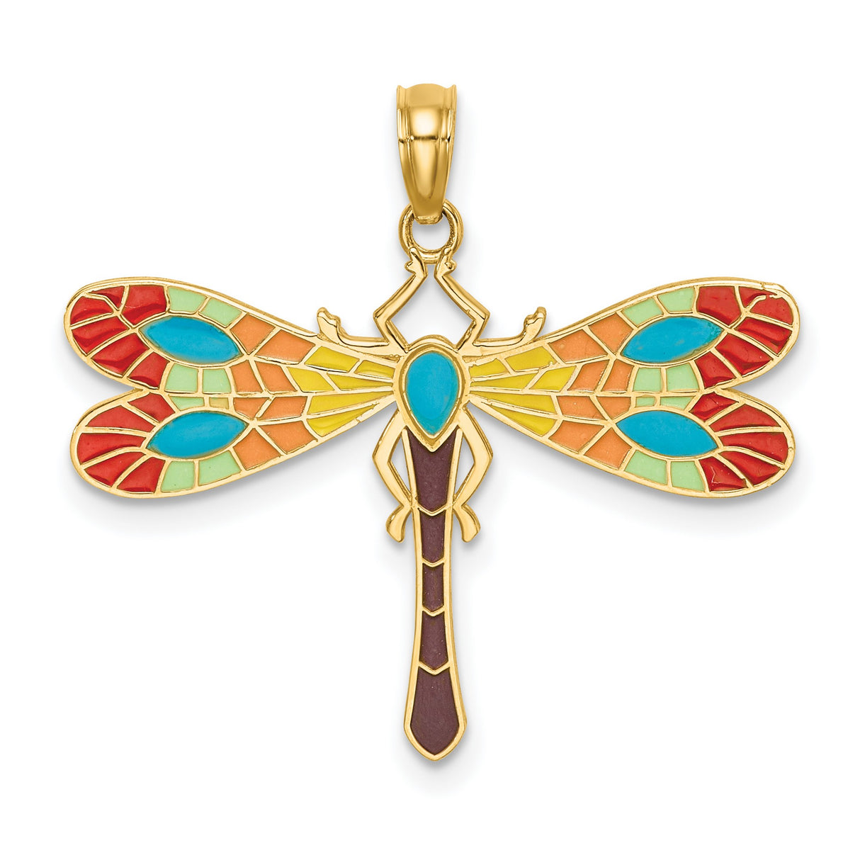 14k Yellow Gold Dragonfly Pendant with Multicolor Enamel, Nature-Inspired Boho Jewelry