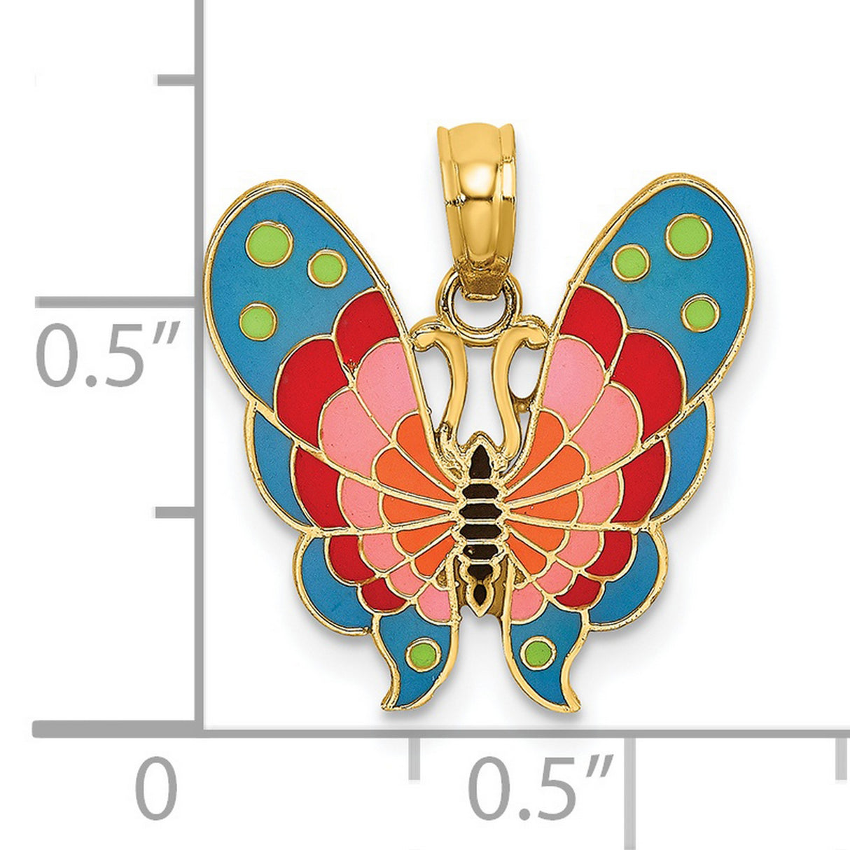 14k Yellow Gold Butterfly Pendant with Blue, Pink, Green, and Red Enamel Detailing