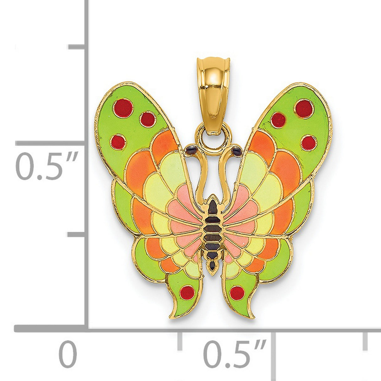 14k Yellow Gold Butterfly Pendant with Green Pink Orange Enamel, Nature-Inspired Charm