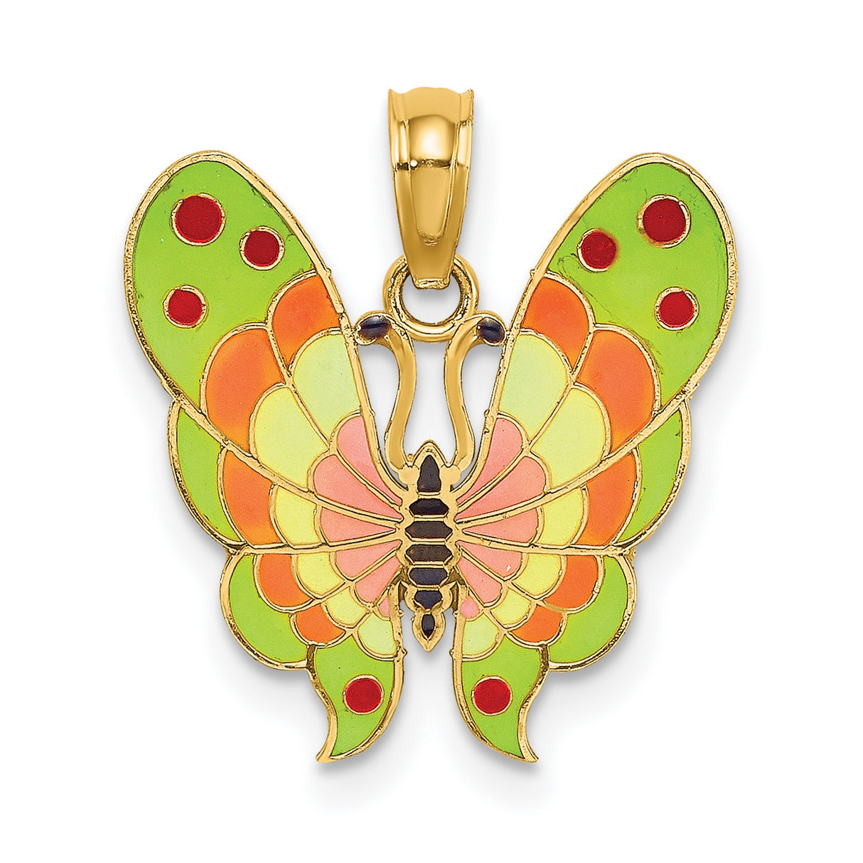 14k Yellow Gold Butterfly Pendant with Green Pink Orange Enamel, Nature-Inspired Charm